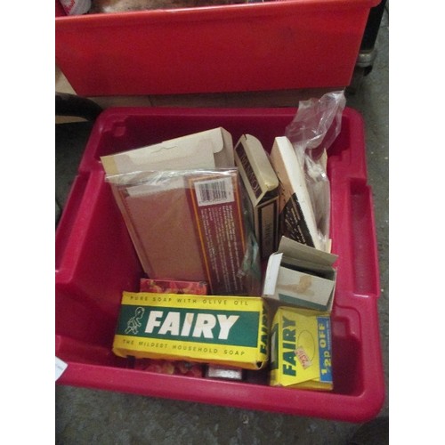 403 - SHOE SHINE BOX WITH BRUSHES AND A BOX OF HOUSEHOLD PRODUCTS - VINTAGE BOXES OF FAIRY SOAP ETC