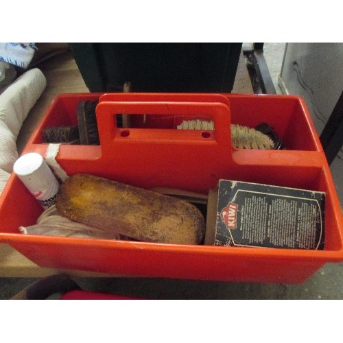 403 - SHOE SHINE BOX WITH BRUSHES AND A BOX OF HOUSEHOLD PRODUCTS - VINTAGE BOXES OF FAIRY SOAP ETC