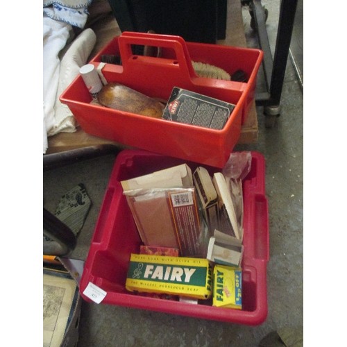 403 - SHOE SHINE BOX WITH BRUSHES AND A BOX OF HOUSEHOLD PRODUCTS - VINTAGE BOXES OF FAIRY SOAP ETC