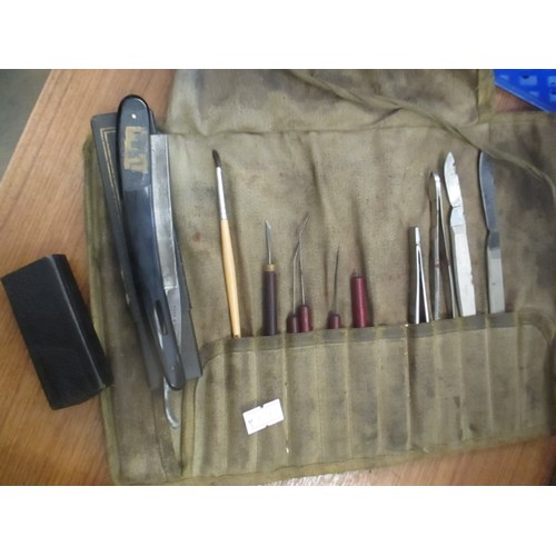 386 - VINTAGE DISSECTION SET WITH SCALPELS, TWEEZERS, CUT THROAT RAZOR ETC