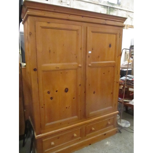 435 - LARGE PINE DOUBLE WARDROBE WITH DRAWERS BELOW - 146CM X 58CM X 198CM