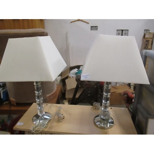 444 - PAIR OF MODERN STYLE TABLE LAMPS - CHROME AND PERSPEX BASES WITH CREAM LINEN SHADES