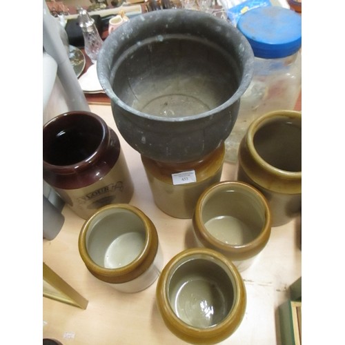 453 - 6 X STONEWARE STORAGE JARS AND A BRASS JARDINIERE