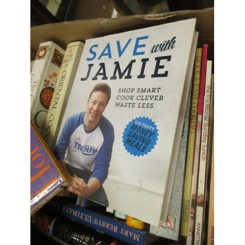 458 - 2 BOXES OF COOKERY BOOKS - JAMIE OLIVER, KEN HOM, WOMEN'S INSTITUTE, MARY BERRY, LAROUSSE GASTRONOMI... 