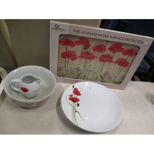 468 - POPPY DESIGN INC 4 X DINNER PLATES, MILK JUG, HAND PAINTED PORCELAIN BOWL AND WORK SURFACE PROTECTOR... 