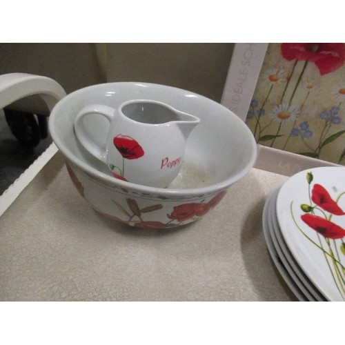 468 - POPPY DESIGN INC 4 X DINNER PLATES, MILK JUG, HAND PAINTED PORCELAIN BOWL AND WORK SURFACE PROTECTOR... 