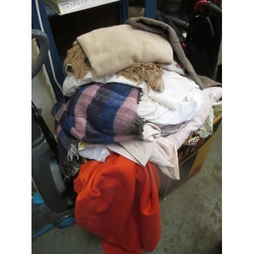 410 - LARGE BOX OF HOUSEHOLD LINEN - SHEETS, BLANKETS, CURTAINS, HERRINGBONE TWEED FABRIC ETC