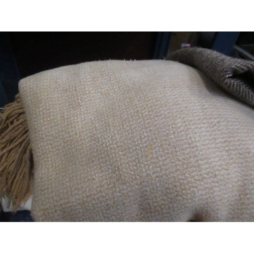 410 - LARGE BOX OF HOUSEHOLD LINEN - SHEETS, BLANKETS, CURTAINS, HERRINGBONE TWEED FABRIC ETC