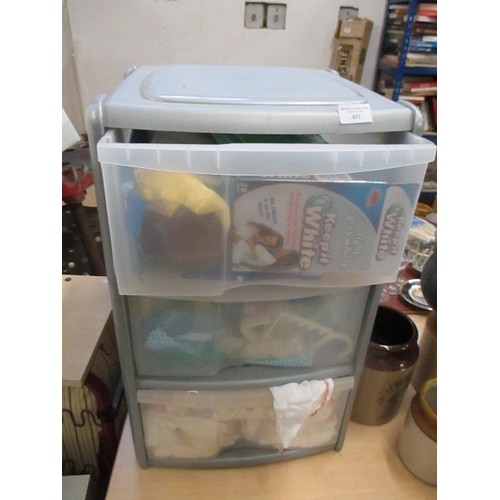 451 - 3 DRAWER PLASTIC STORAGE FULL OF CLEANING PRODUCTS - CLOTHS, PEGS, DUSTERS, WIPES