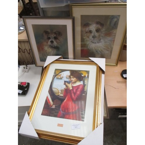 452 - GOOD SELECTION OF ORIGINAL WORKS AND PRINTS INCLUDING TWO LOVELY PASTELS OF TERRIERS ONE INSCRIBED 