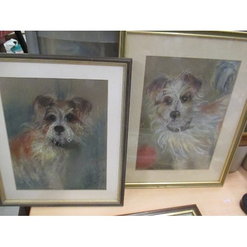 452 - GOOD SELECTION OF ORIGINAL WORKS AND PRINTS INCLUDING TWO LOVELY PASTELS OF TERRIERS ONE INSCRIBED 