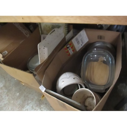 469 - 2 X MIXED BOXES OF CROCKERY AND KITCHEN WARE INC PLANT POTS, RETRO PYREX, VINTAGE TRAY ETC