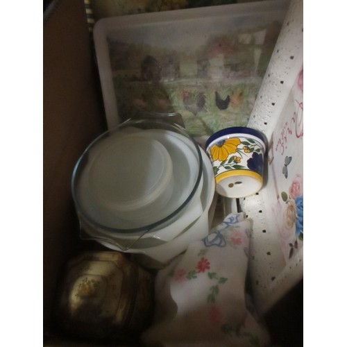 469 - 2 X MIXED BOXES OF CROCKERY AND KITCHEN WARE INC PLANT POTS, RETRO PYREX, VINTAGE TRAY ETC