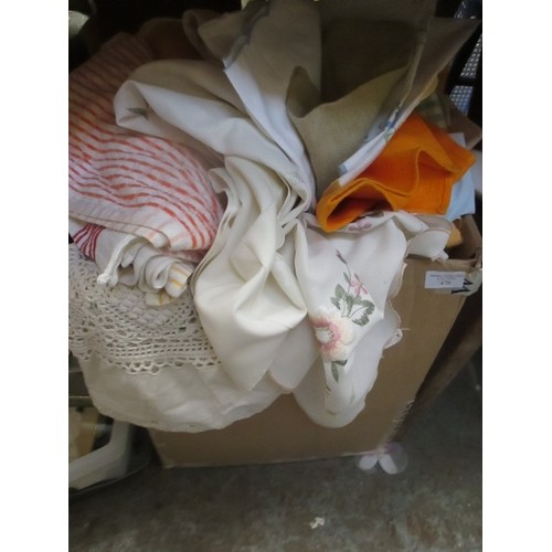 476 - BOX OF HOUSEHOLD LINEN - SOME VINTAGE - INC BLANKETS, CROCHET & LACE WORK, EMBROIDERED CLOTHS, NAPKI... 