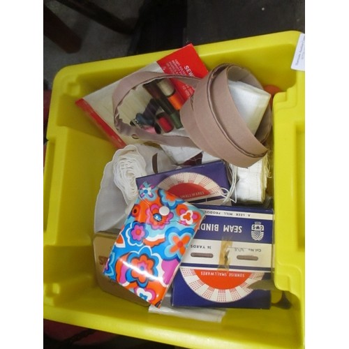 481 - TUB OF SEWING ITEMS - THREADS, BINDINGS, RETRO PSYCHEDELIC SEWING KIT ETC