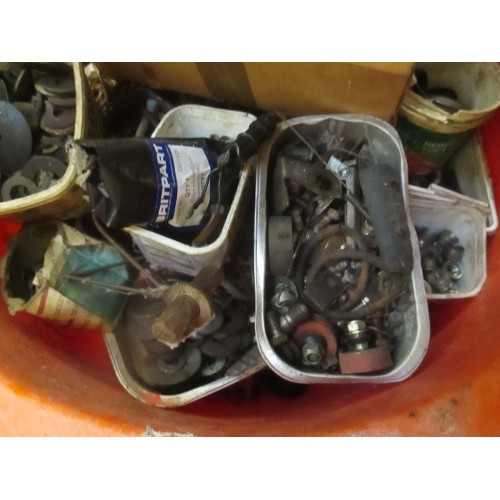 484 - LARGE RED PLASTIC TUB FULL OF WORKSHOP ITEMS - SCREWS, NUTS & BOLTS, WASHERS ETC - SEVERAL KILOS OF ... 