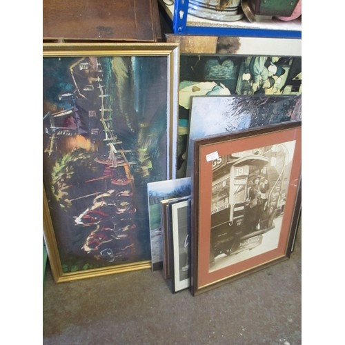 520 - QUANTITY PICTURES, PRINTS, PHOTOGRAPHS. ORIGINAL OIL ON BOARD OF HORSES WITH CART. LARGE SEPIA PHOTO... 