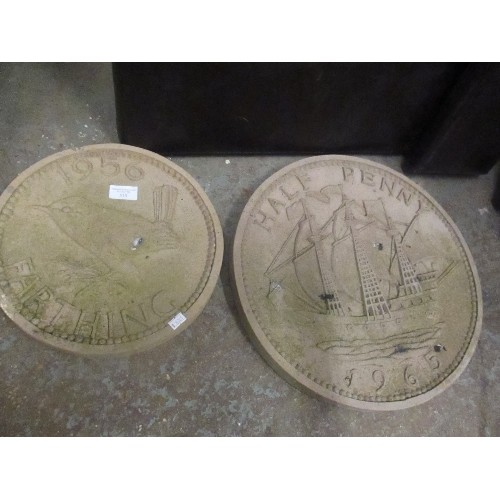 515 - 1956 FARTHING CONCRETE STEPPING STONE - 30CM AND A 1965 HALFPENNY 40CM