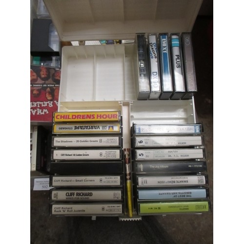 502 - BOX OF MOSTLY CASSETTE TAPES -SEVERAL UNUSED PACKETS OF BLANK TAPES ETC