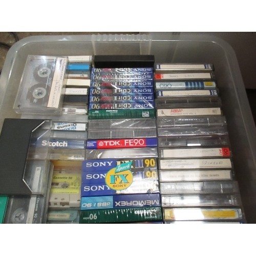 502 - BOX OF MOSTLY CASSETTE TAPES -SEVERAL UNUSED PACKETS OF BLANK TAPES ETC