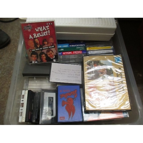 502 - BOX OF MOSTLY CASSETTE TAPES -SEVERAL UNUSED PACKETS OF BLANK TAPES ETC