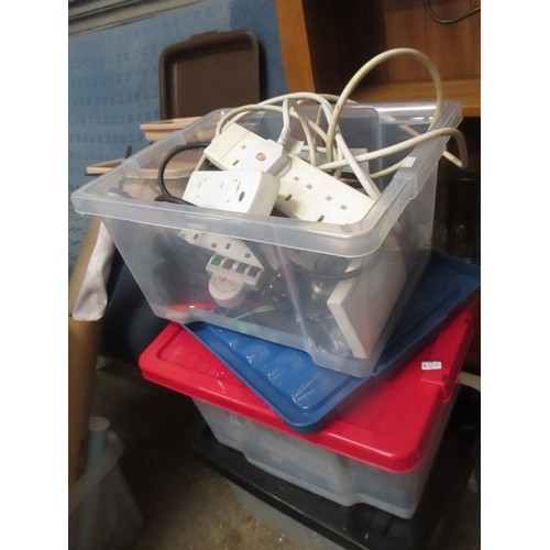 511 - 3 BOXES OF ELECTRICALS INC LEADS, HEADPHONES, EXTENSION LEADS / MULTI SOCKETS ETC