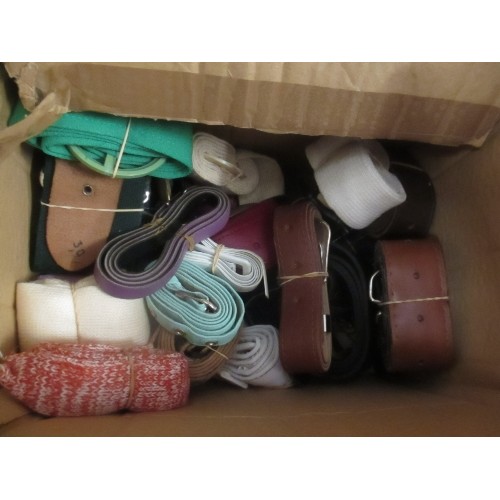 529 - BOX FULL OF BELTS - SOME RETRO, ALSO WIDE CANVAS KHAKI MILTARY STYLE - ALSO 3 BAGS / HANDBAGS