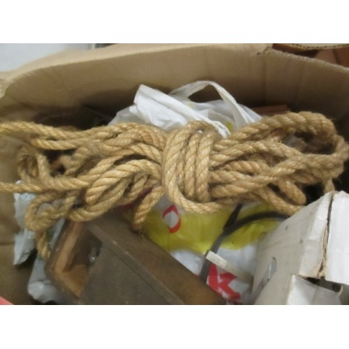 532 - 2 X LARGE BOXES OF WORKSHOP / GARAGE /  DIY ITEMS - TOOLS, ROPE, WINDSCREEN WIPERS, VINTAGE WOODEN B... 