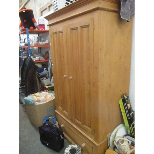 528 - LARGE SOLID PINE FARMHOUSE / HOUSEKEEPERS TYPE STORAGE CUPBOARD WITH PANELLED DOORS AND DRAWER BELOW... 