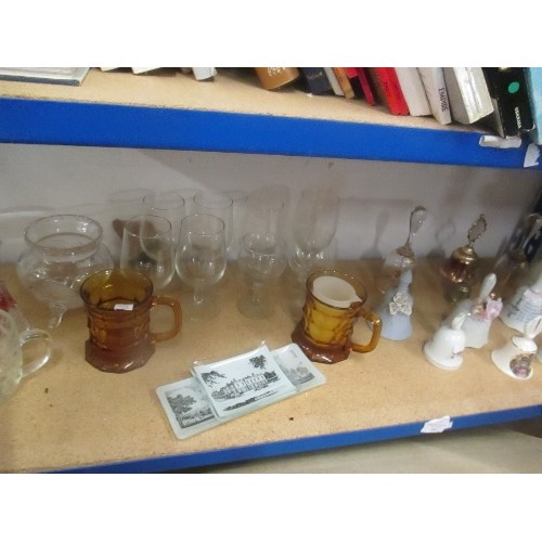 540 - SHELF OF DRINKING GLASSES AND A COLLECTION OF BELLS