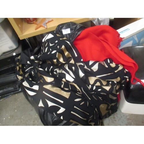 546 - BAG OF LADIES CLOTHES INC RED WOOL SHAWL, SATIN EVENING BLOUSE IN GOLD SILVER AND BLACK BY 