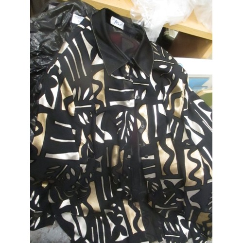 546 - BAG OF LADIES CLOTHES INC RED WOOL SHAWL, SATIN EVENING BLOUSE IN GOLD SILVER AND BLACK BY 