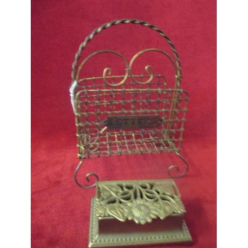 23 - CIRCA 1920'S GILT WIRE LETTER RACK AND AN ART NOUVEAU STAMP BOX