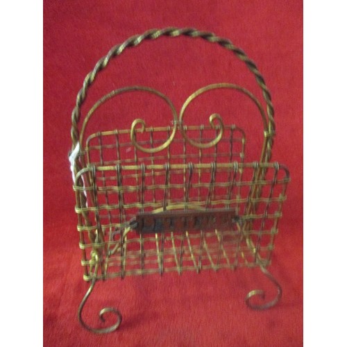 23 - CIRCA 1920'S GILT WIRE LETTER RACK AND AN ART NOUVEAU STAMP BOX