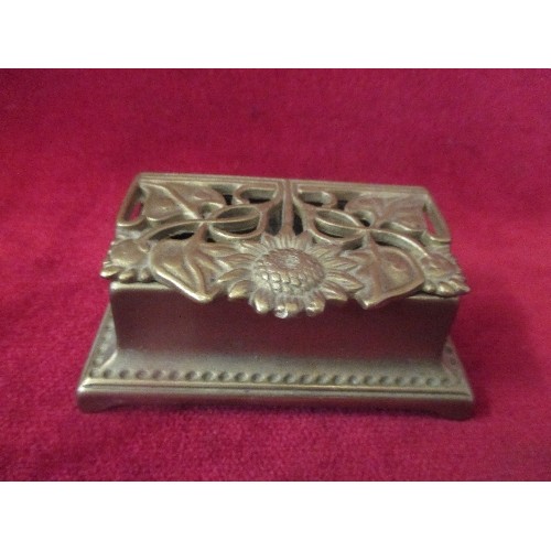 23 - CIRCA 1920'S GILT WIRE LETTER RACK AND AN ART NOUVEAU STAMP BOX