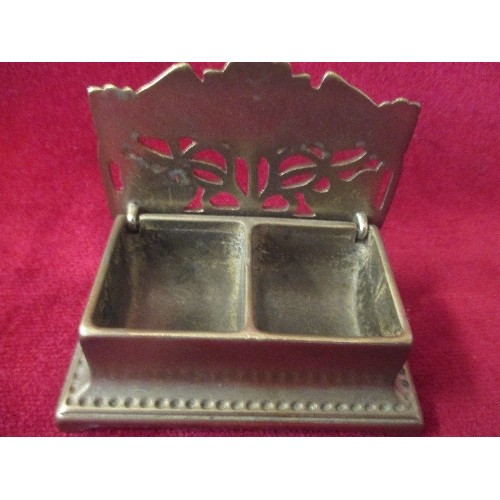 23 - CIRCA 1920'S GILT WIRE LETTER RACK AND AN ART NOUVEAU STAMP BOX