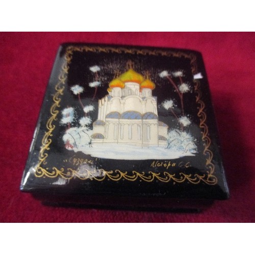 38 - TWO HAND DECORATED LACQUERED RUSSIAN MINIATURE BOXES, ONE WITH LABEL 