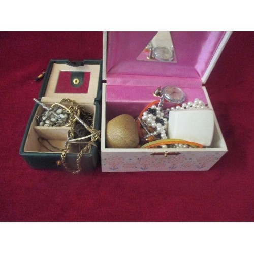 41 - 2 JEWELLERY BOXES WITH COSTUME JEWELLERY INC A SILVER FLAT CHAIN NECKLACE, TIMEX PENDANT WATCH, VINT... 