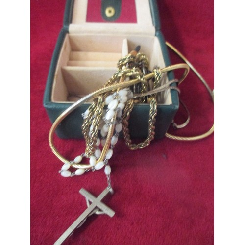 41 - 2 JEWELLERY BOXES WITH COSTUME JEWELLERY INC A SILVER FLAT CHAIN NECKLACE, TIMEX PENDANT WATCH, VINT... 