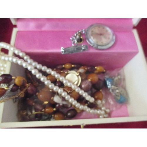 41 - 2 JEWELLERY BOXES WITH COSTUME JEWELLERY INC A SILVER FLAT CHAIN NECKLACE, TIMEX PENDANT WATCH, VINT... 