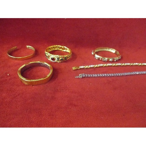 48 - COLLECTION OF MOSTLY GILT METAL BRACELETS AND BANGLES - COLOURED AND CLEAR STONES - 6 IN TOTAL