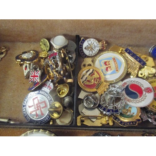 52 - BOX OF MOSTLY MILITARY LAPEL BADGES INC BRITISH LEGION, R.N.A., W.R.N.S, KOREAN WAR, COMMONWEALTH ET... 