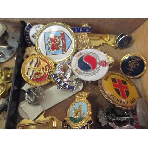 52 - BOX OF MOSTLY MILITARY LAPEL BADGES INC BRITISH LEGION, R.N.A., W.R.N.S, KOREAN WAR, COMMONWEALTH ET... 