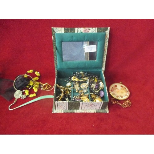 54 - JEWELLERY BOX WITH CONTENTS OF COSTUME JEWELLERY - NECKLACES, BRACELETS, BROOCHES, EARRINGS