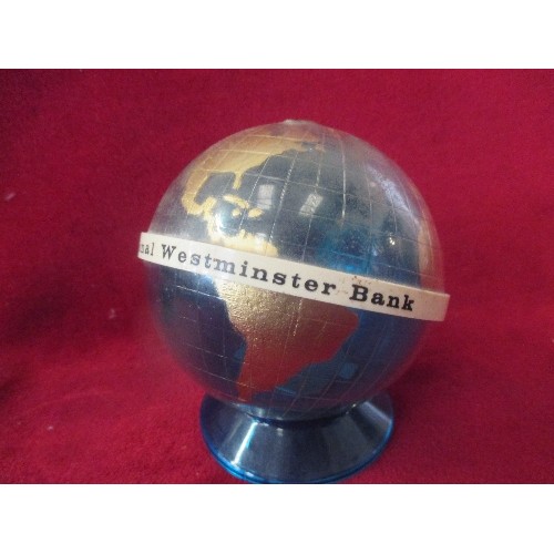 59 - VINTAGE NAT WEST BANK GLOBE MONEY BOX AND A 