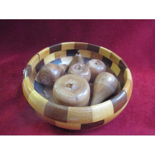 89 - CARVED WOODEN FRUIT IN WOODEN 'PATCHWORK' BOWL.