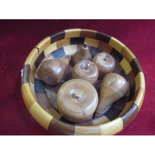 89 - CARVED WOODEN FRUIT IN WOODEN 'PATCHWORK' BOWL.