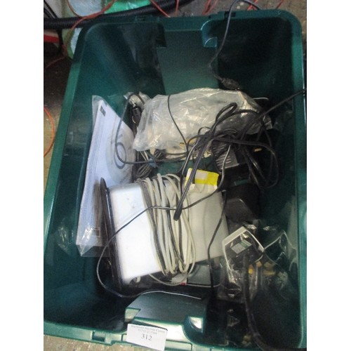 312 - 2 BOXES OF ELECTRICALS - LEADS, CAMERAS, SOCKETS ETC