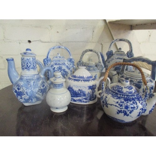 174 - COLLECTION OF VINTAGE ORIENTAL BLUE AND WHITE PORCELAIN TEA POTS INCLUDING JAPANESE TEAPOT WITH WICK... 