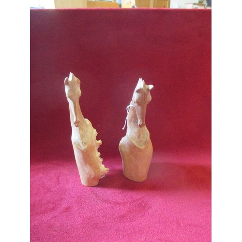 68 - BEAUTIFUL PAIR OF CARVED WOODEN HORSES, FROM A TREE ROOT? 1 HAS A BROKEN EAR.